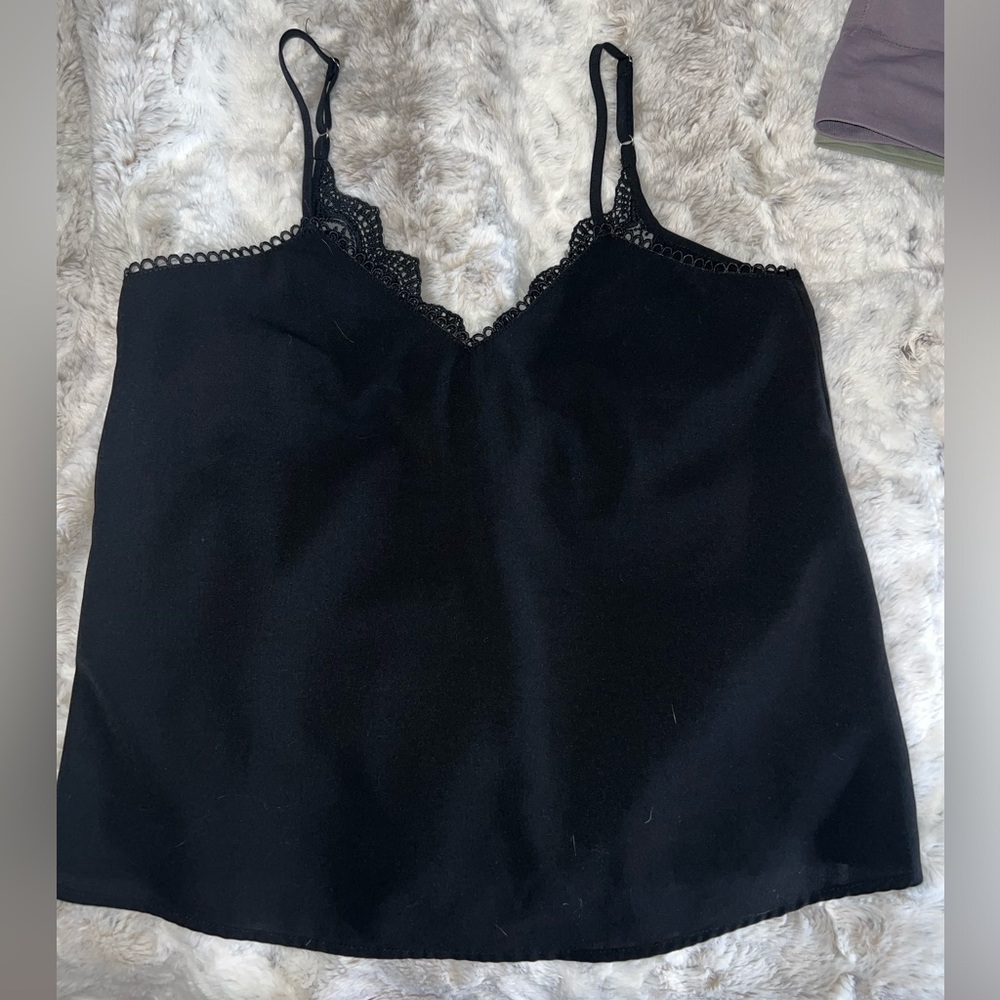 Black v tank top blouse, lace back, scalloped front